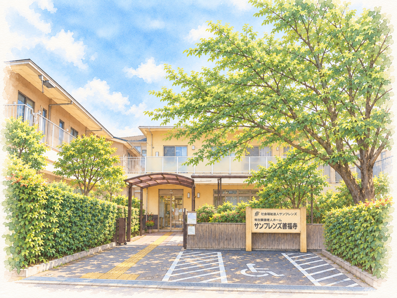 緑に囲まれた優しい施設入口